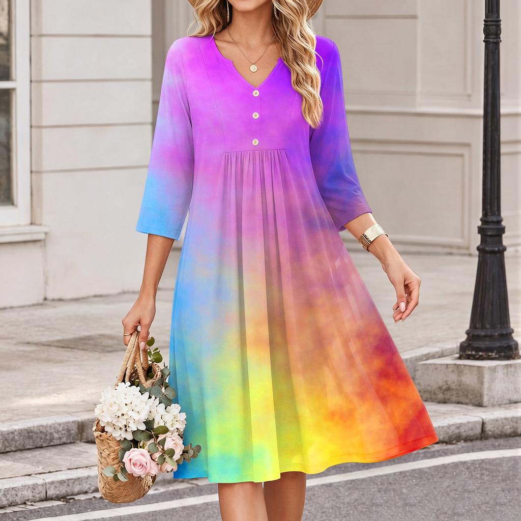 Women's Casual V-Neck Watercolor Print 3/4 Sleeve Dress