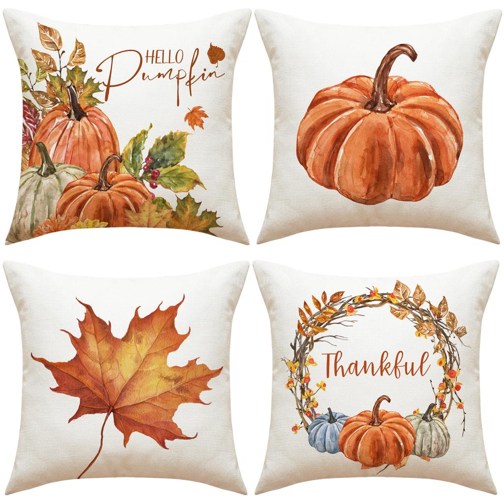 Thanksgiving Pillow Covers,Pumpkin & Autumn Leaf Design, Soft Flannel Sofa Cushion Covers for Home Decor,45x45cm, No Pillow Insert