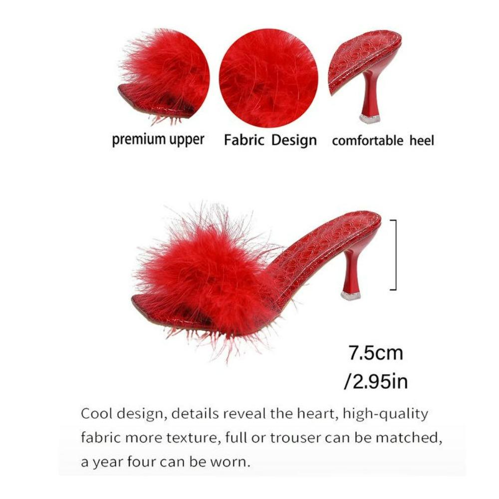 Woman Feather High Heels Pointed Toe Slippers Fashion Sandals Women Open Toe Pumps Slides White Pink Black Size 35-43