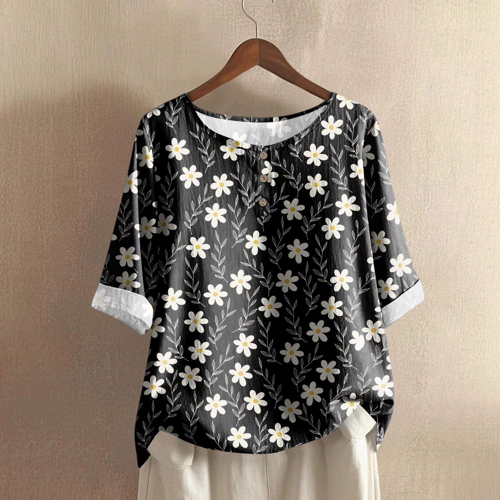 

Women s Casual Mid-sleeve Round Neck Retro Floral Print Cotton And Linen Top L чорний