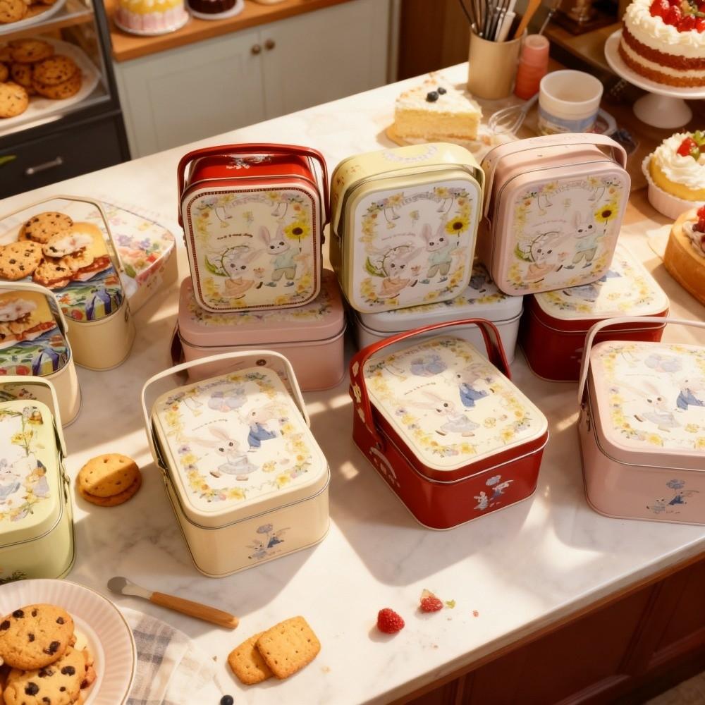 Rabbit Printed Tin Storage Box with Handle Storage Can Portable Tinplate Candy Box  Party