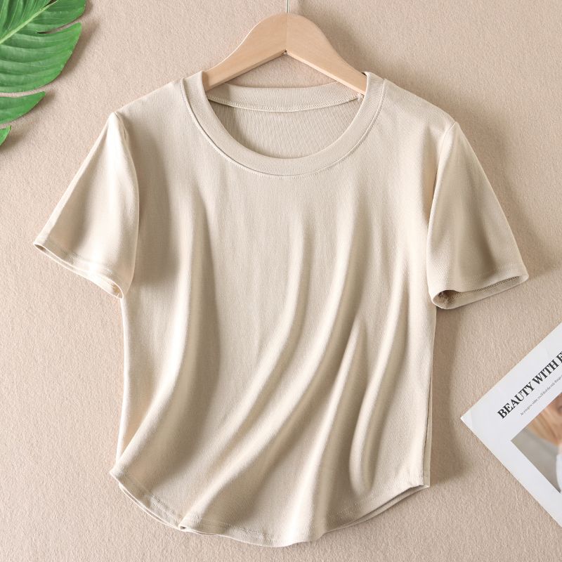 

Arc Hem Pure Color Silm Short Sleeve round Neck T-shirt Apricot XL
