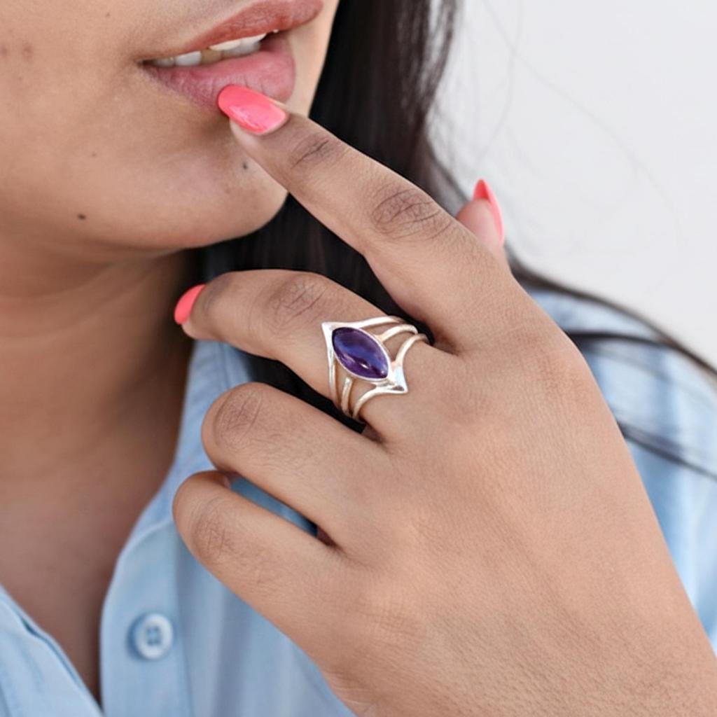 Purple Amethyst Marquise Statement Ring, 925 Sterling Silver Jewelry, Minimalist Bohemian Ring