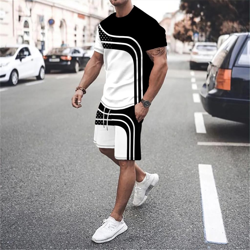 Men's 3D Print Letter Line Splicing Outdoor Vacation Casual Street Wear Round Neck Short Sleeved T-shirt Shorts Sports Set of 2 Pieces