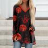 Women's Casual Long Sleeve V-Neck Halloween Print T-Shirt Mid-Length Top