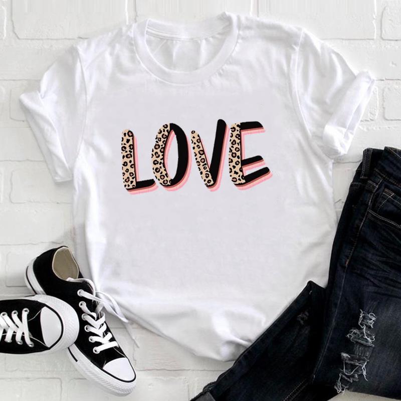 (European Size) Cute Sweet Tee Top Fashion T Leopard Love Heart Trend Shirt Women Print Lady Female  Clothing Casual Short Sleeve Graphic T-shirt