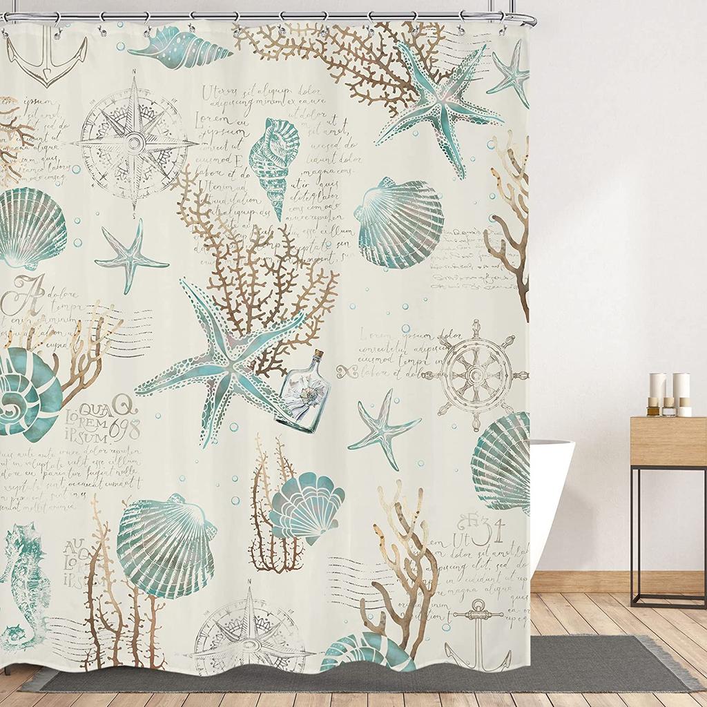 Nautical Coastal Shower Curtains Starfish Seashell Coral Reef Tropical Ocean Beach Marine Life Fabric Bathroom Decor with Hooks