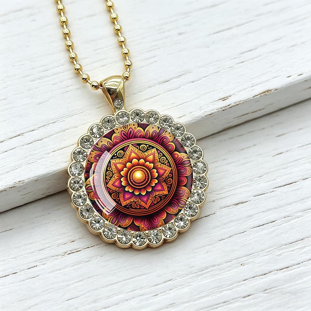 Red and Orange Mandala Pattern Light Luxury Necklace Fully Inlaid with Bezel High-end Accessories