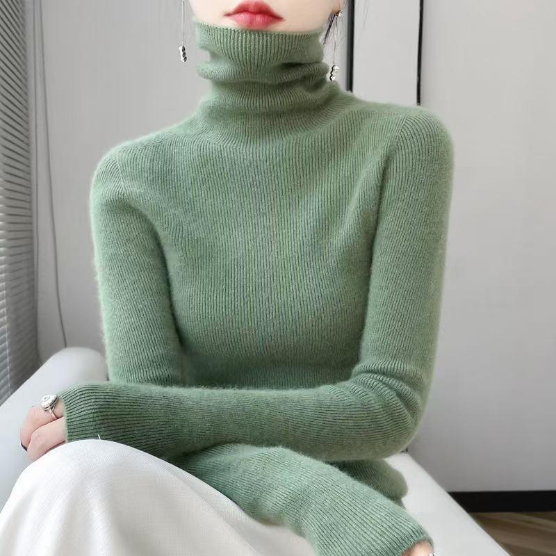 Women’s 2025 Autumn/Winter Pure Wool Sweater, Half-High Neck, Ribbed, Slim-Fit, Figure-Flattering with Cashmere Inner Layer