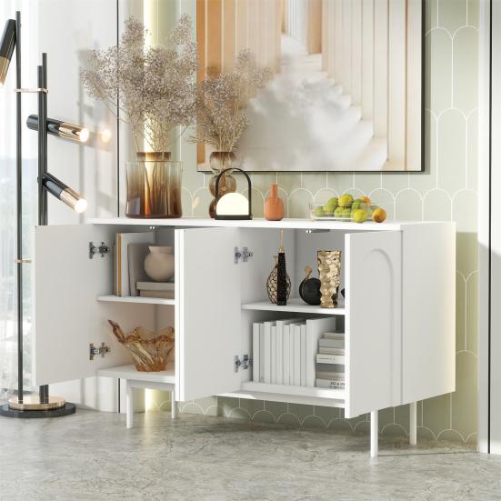 Modern Minimalist Pure White Sideboard with 4 Doors in Arched Pattern for Dining Room And Living Room (White)
