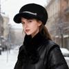 Luxury Faux Mink Fur Beret with Visor for Women, Winter Hat&Scarf Set,Outdoor Peaked Beret with Rhinestone Embellishment