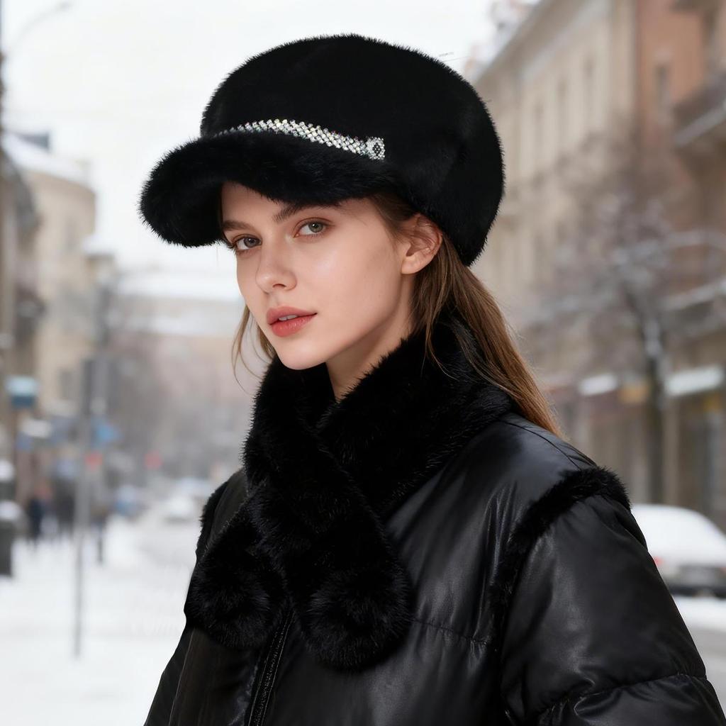 Luxury Faux Mink Fur Beret with Visor for Women, Winter Hat&Scarf Set,Outdoor Peaked Beret with Rhinestone Embellishment