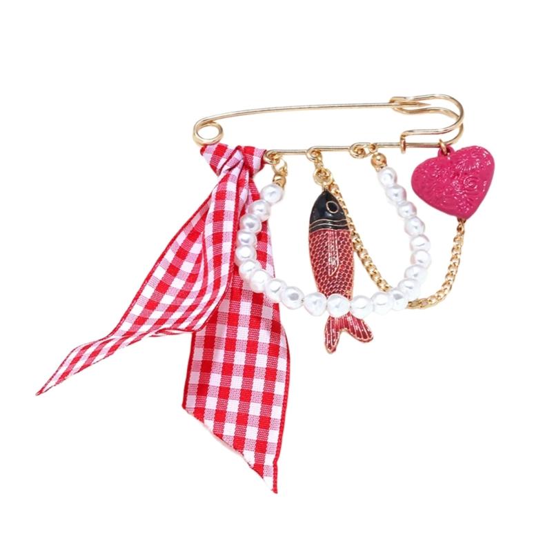 

Exaggerated Colorful Tropical Fish Heart Checkered Ribbon Brooch Unique Sweet Spicy Style Fashion Accessory For Women 1