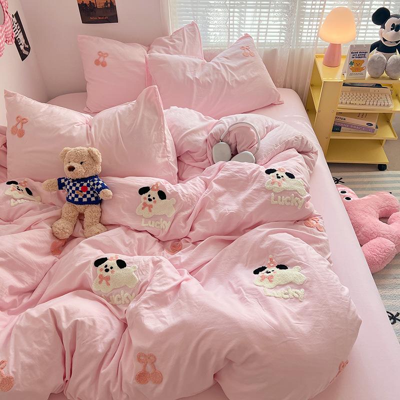 Håndkle Brodert Laken Dynetrekk Seng 4 stk Sett Vasket Bomull Student Tredelt Sett Sengetøy