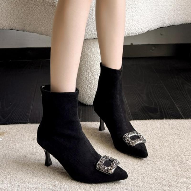 Fashion 2025 New Fine Heel Cotton Boots Women's Pointed Rhine-drill Buckle Sleeve Anti-slip Wear-resistant Short Boots