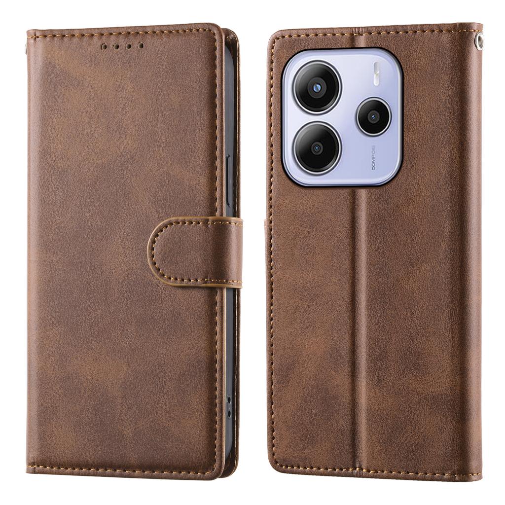 For Xiaomi Redmi Note 14 4G (164.84mm) Case Stand Wallet Calf Texture PU Leather Flip Phone Cover with Wrist Strap