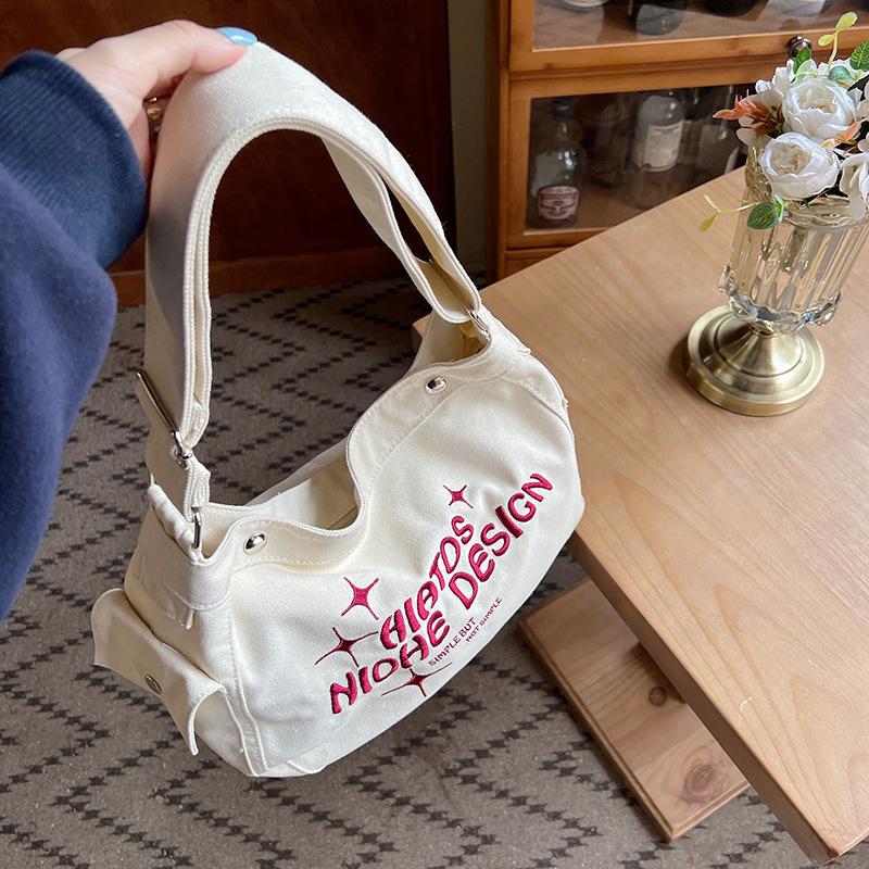 Plátěná taška Dámská Vysokoškolská Studentka Ležérní Styl Velká Kapacita Jednoramenní Crossbody Niche Výšivka Abecedy Nákupní taška