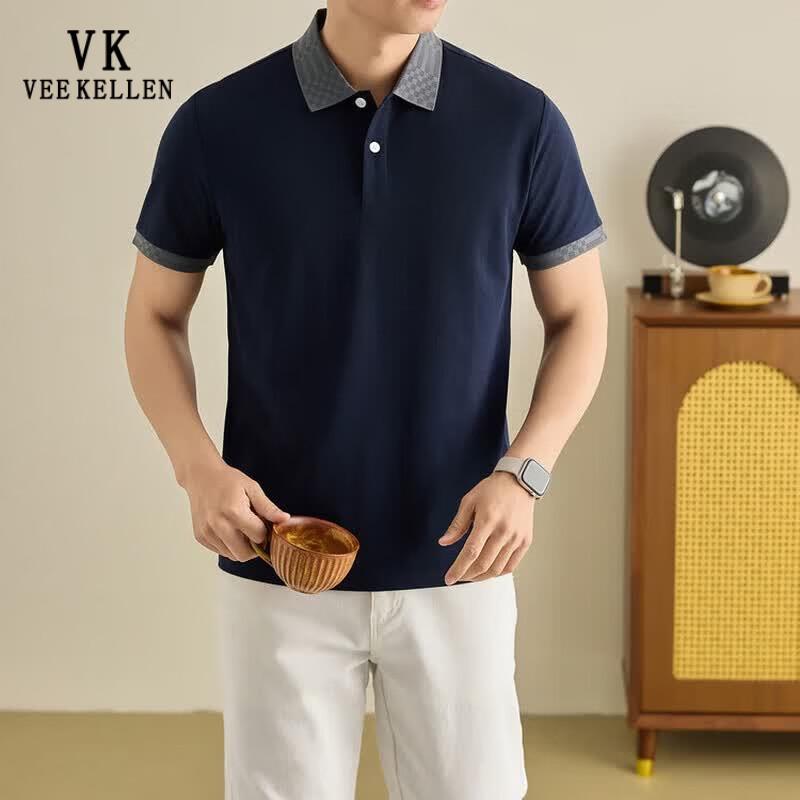 VEE KELLEN Men s Casual Silk Blend Lapel Polo Shirt XL (140-155 jin) темно-синий