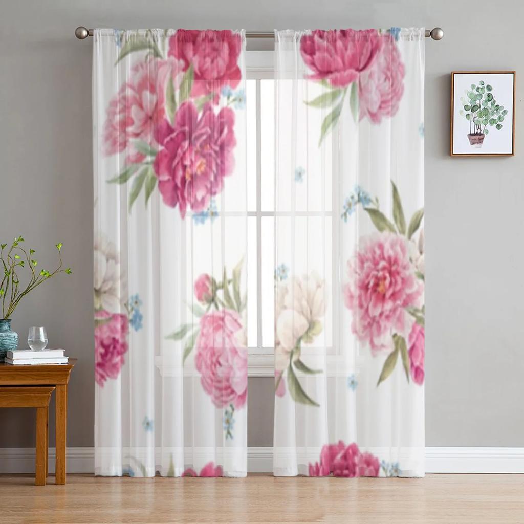 Spring Brown Background Peach Blossom Tulle Curtains Living Room Home Decor Window Curtain Kitchen Voile Sheer Made Of Polyester Sitting