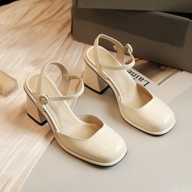 One-word high heels square head single shoes women's shoes 2025 spring and summer new thick heel Mary Jane bag head sandals women