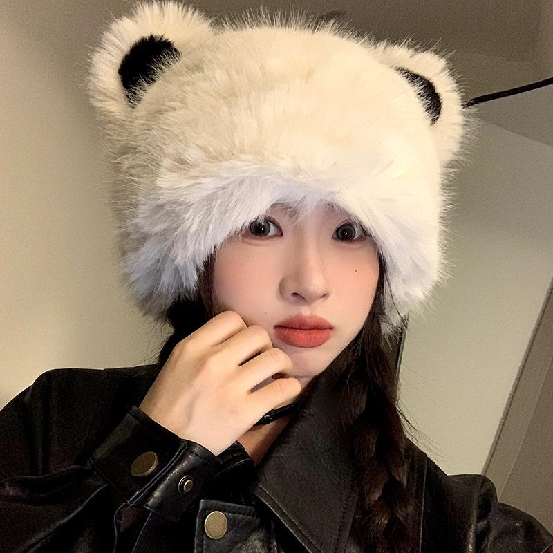 Cute bear ears plush hat for women, thickened warm and cold hat in winter, small face hat