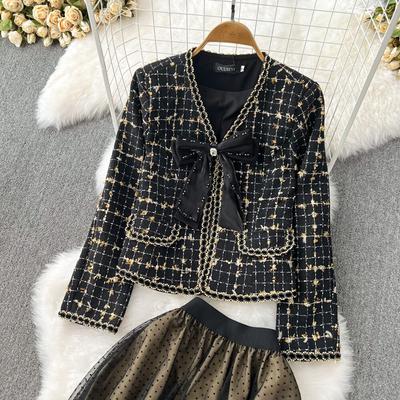 Costum la modă pentru femei, cu parfum mic, cu decolteu în V, haină scurtă din tweed, plus fustă din plasă cu talie înaltă, două piese