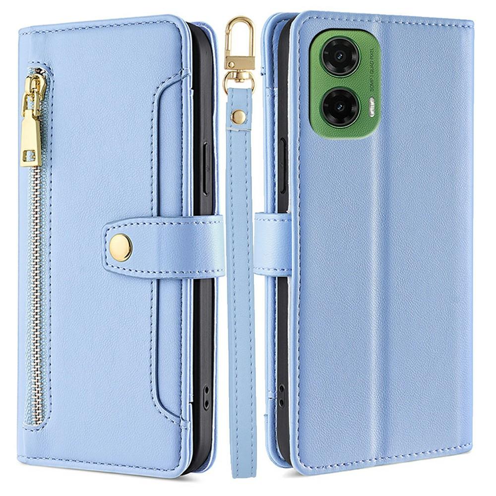 For Motorola Moto G35 5G Leather Case Zipper Pocket Wallet Phone Cover with 2 Straps