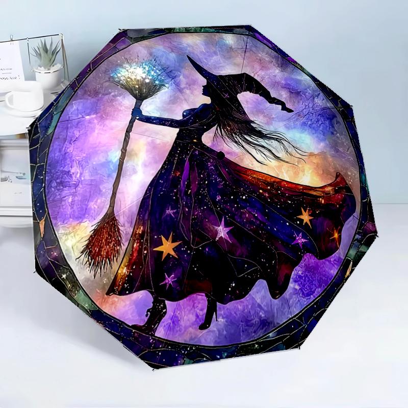 Witch Flying Through Starry Sky 8-Frame for Travel, camping, Casual Lightweight Portable Umbrella, Essential for every family Holidays Birthday Gift