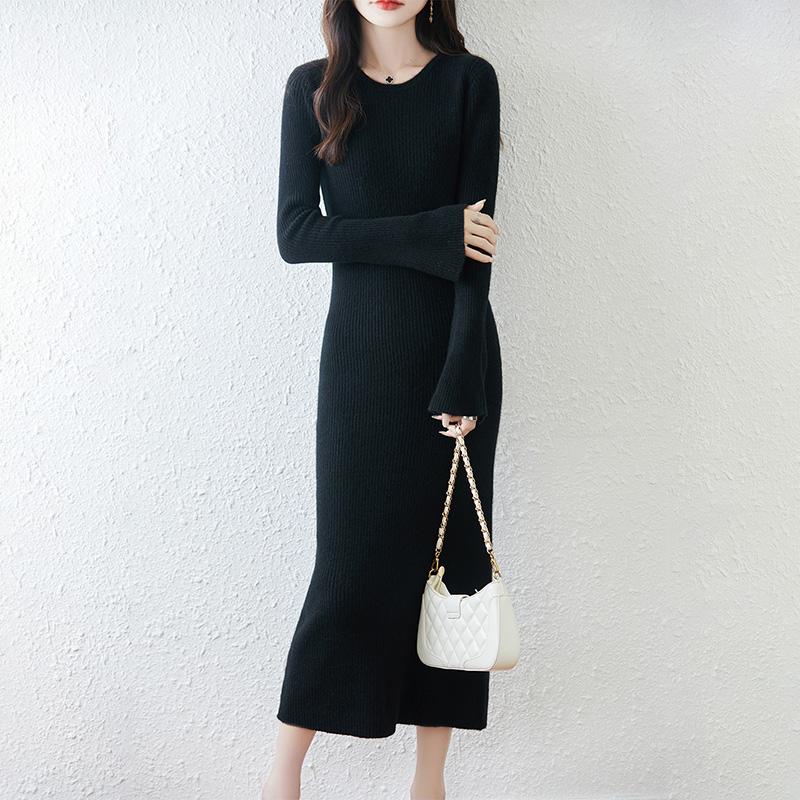 Women Sweater Dress 100% Wool MODERN NEW SAGA O-neck Knit Long Pullover Winter Jumpers Wool Long Dress Female