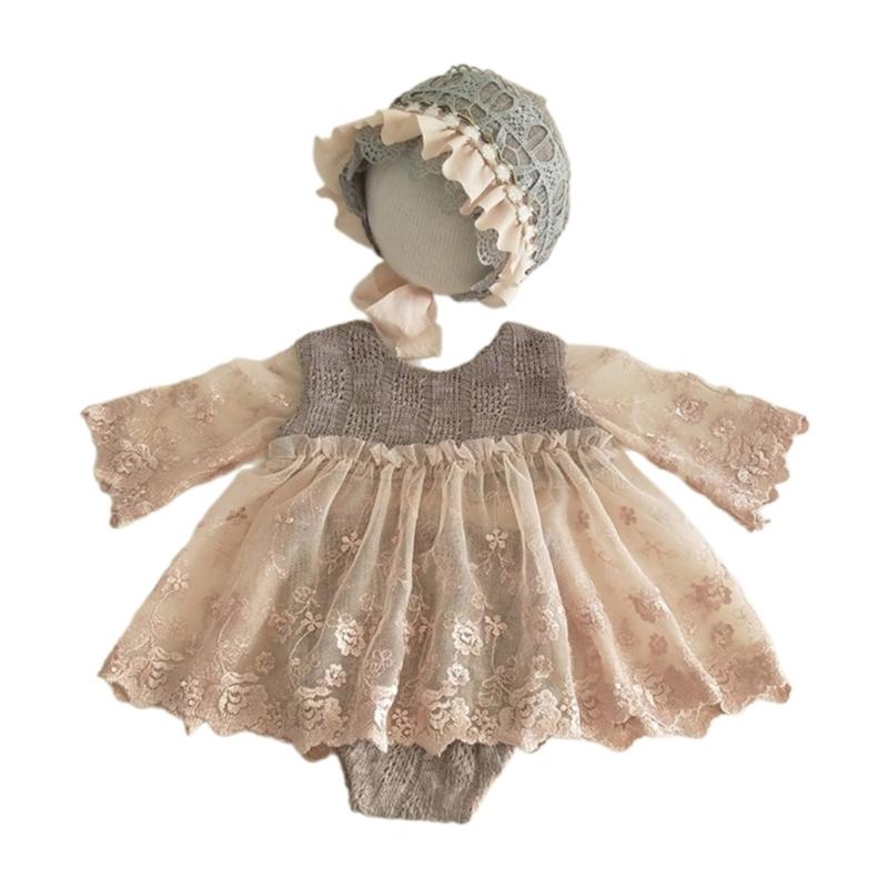 Baby Photography Props Lace Jumpsuits Bonnet Hat Newborns Photo Props Photoshoots Headwear Infant Photo Posing Outfit