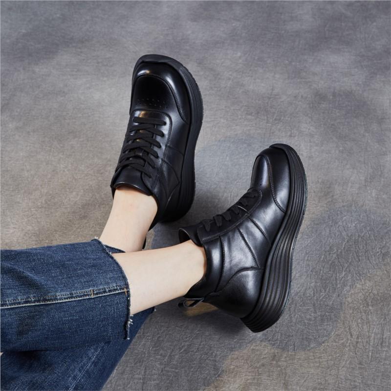 Johnature Lace Up Genuine Leather Short Boots Thick Soled Leisure Soft Soled Wedge Heels Women's Shoes