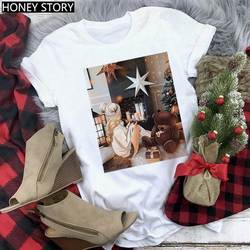 Kawaii Cartoon Merry Christmas Tree Graphics Women T-Shirts 90S Summer Short Sleeves Loose Round Neck Female Y2K Tops