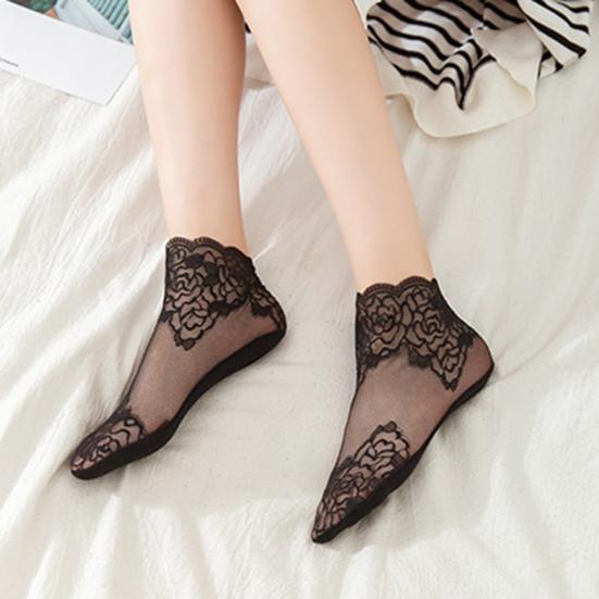 Women Rose Lace Socks Thin Transparent Elastic Mesh Stockings Breathable Anklet