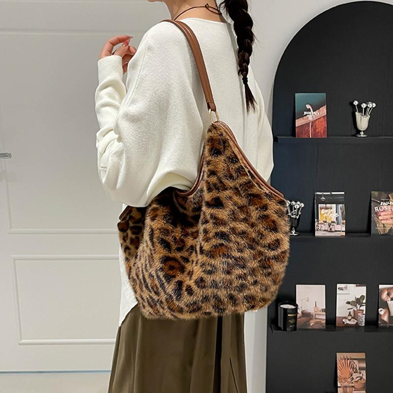 Leopard Print Tote Bag for Women, Soft Handheld Plush Shoulder Bag, Stylish Fall Winter Crossbody Purse & Shopper Bag