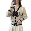 Xiaoxiangfeng contrasting color lace-up bow sweater for women 2025 early autumn V-neck slim-fitting and thin knitted cardigan top for women