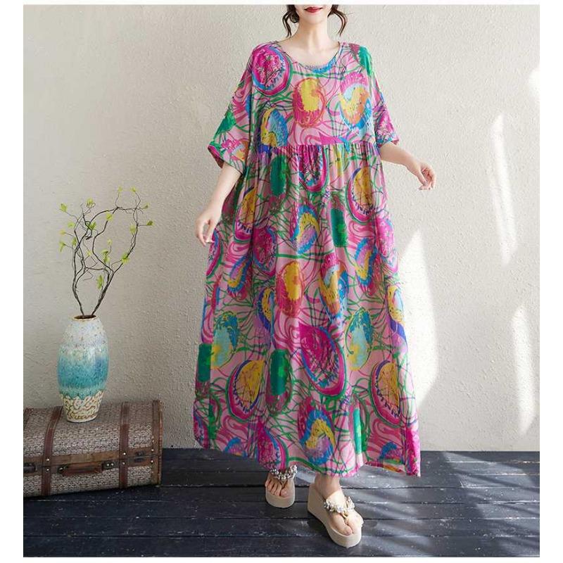 Women's Thin Cotton and Linen Round Neck Short Sleeved Minimalist Long Skirt