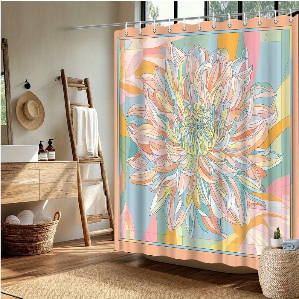 Flower Shower Curtain, Vibrant Large Chrysanthemum Design, Fade-Resistant Polyester, Machine Washable