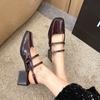 Fashion 2025 New Spring Faux Patent Finish High-heel Shoes with Straps Slingback Fashion Pumps for Women Square Toe Block