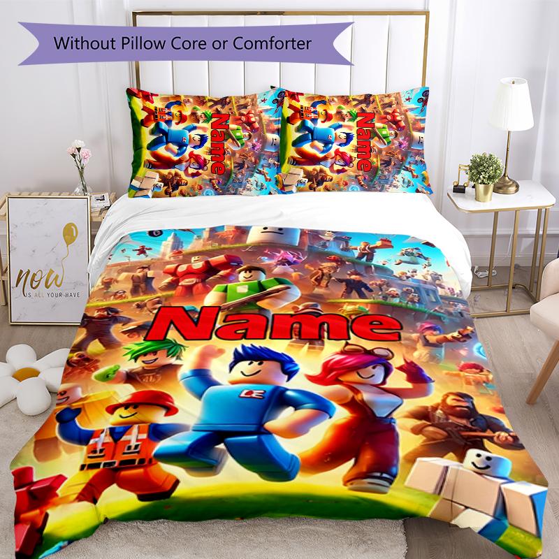 3pcs Custom Name Gaming Roblox Bedding Set Duvet Cover Closure Includes 1 Duvet Cover & 2 Pillowcases for All Seasons Bedroom Decor