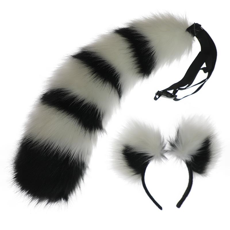 

New Faux Fur Ears + Tail Set Raccoon Fox Ear Headband Animal Tail Halloween Costume Props Anime Hairband Cosplay Accessories