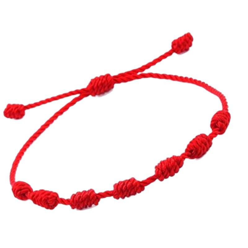 Red Adjustable Flat Knot Bracelet: Seven Knots Handmade Lucky String for Men and Women
