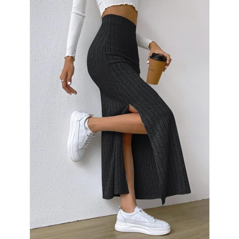 Spring Autumn Women's Half-Length Skirt High Waist Side Slit Thin Knitted Half-Length Skirt