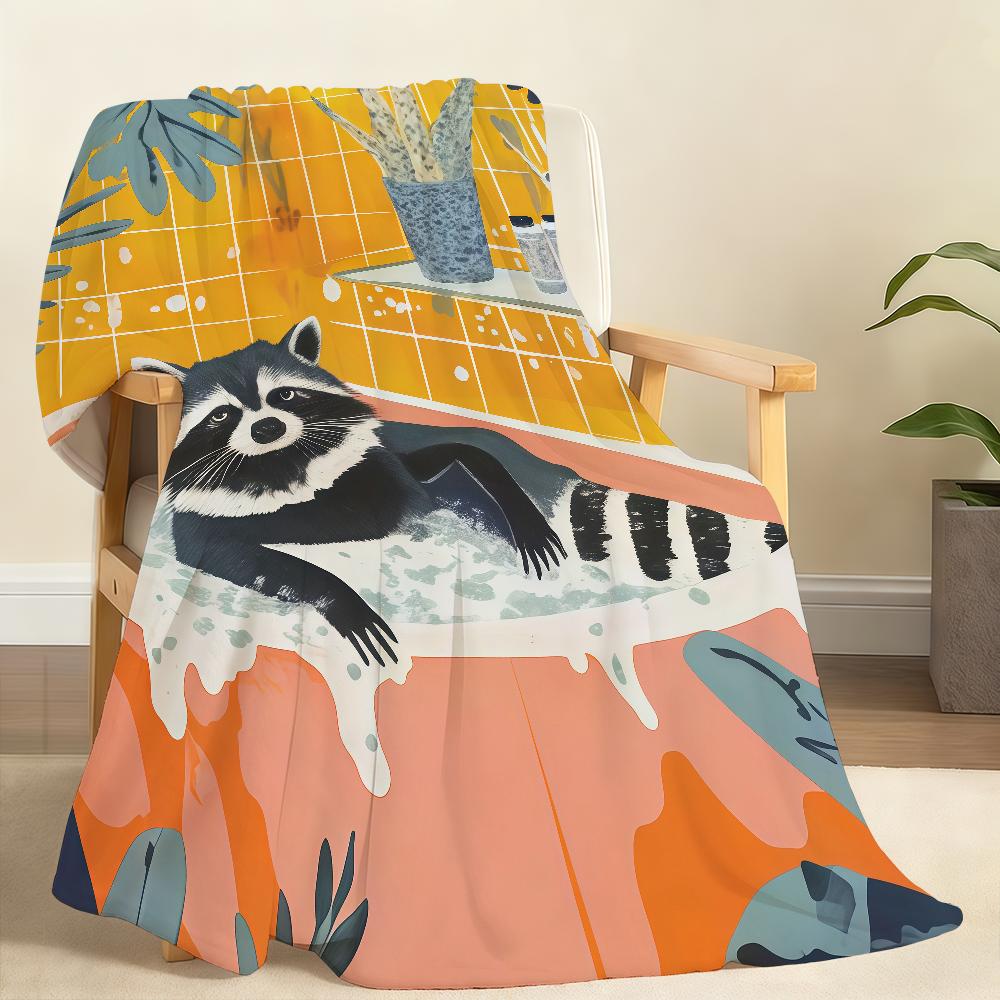 Cute Raccoon in Bathtub Painting Blanket For Soft Throw Blanket for Picnic Bed Sofa Home Bedroom Cozy Warm Comfortable