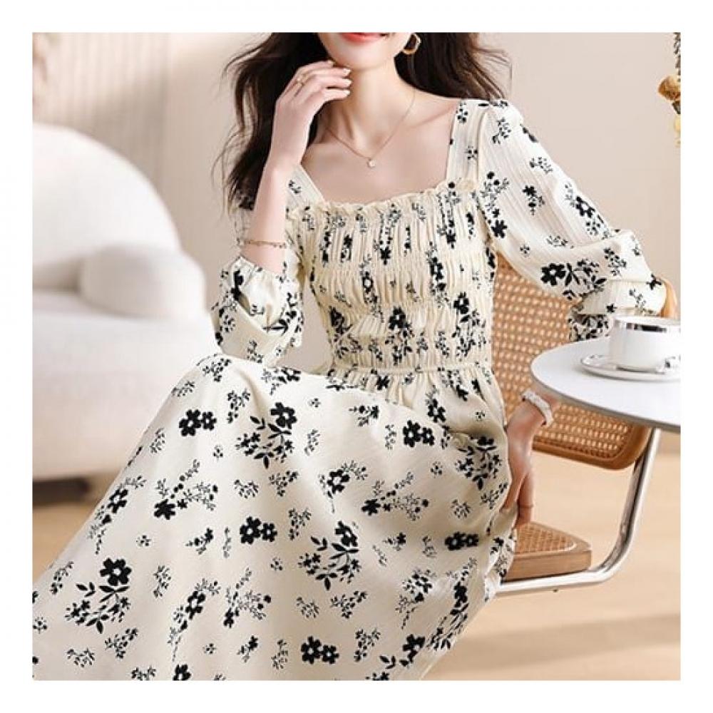 Navava Romantic Flower Shirring Square Neck Long Sleeve Dress No725