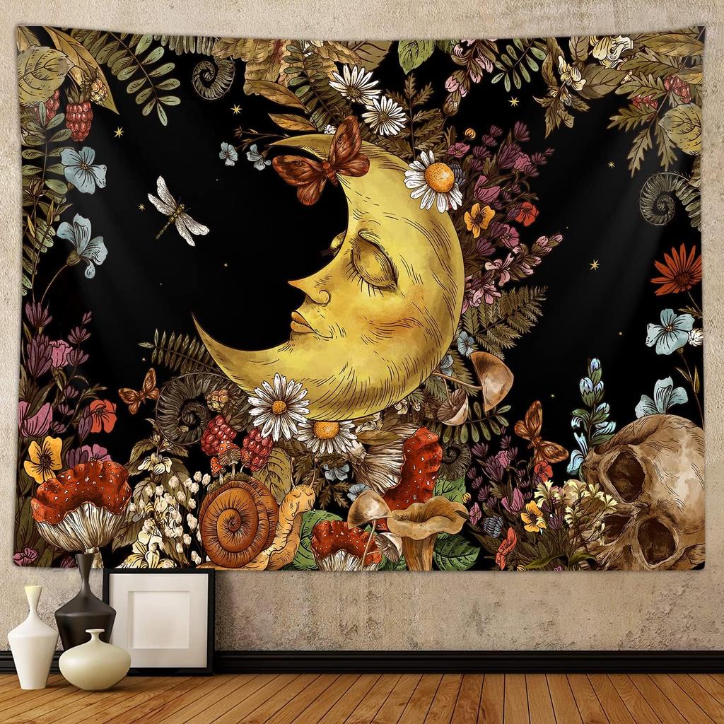 Boho Pilz Libelle Wandteppich für Schlafzimmer Ästhetisch Vintage Botanische Pflanzenkunst Wandbehänge für Studentenwohnheim