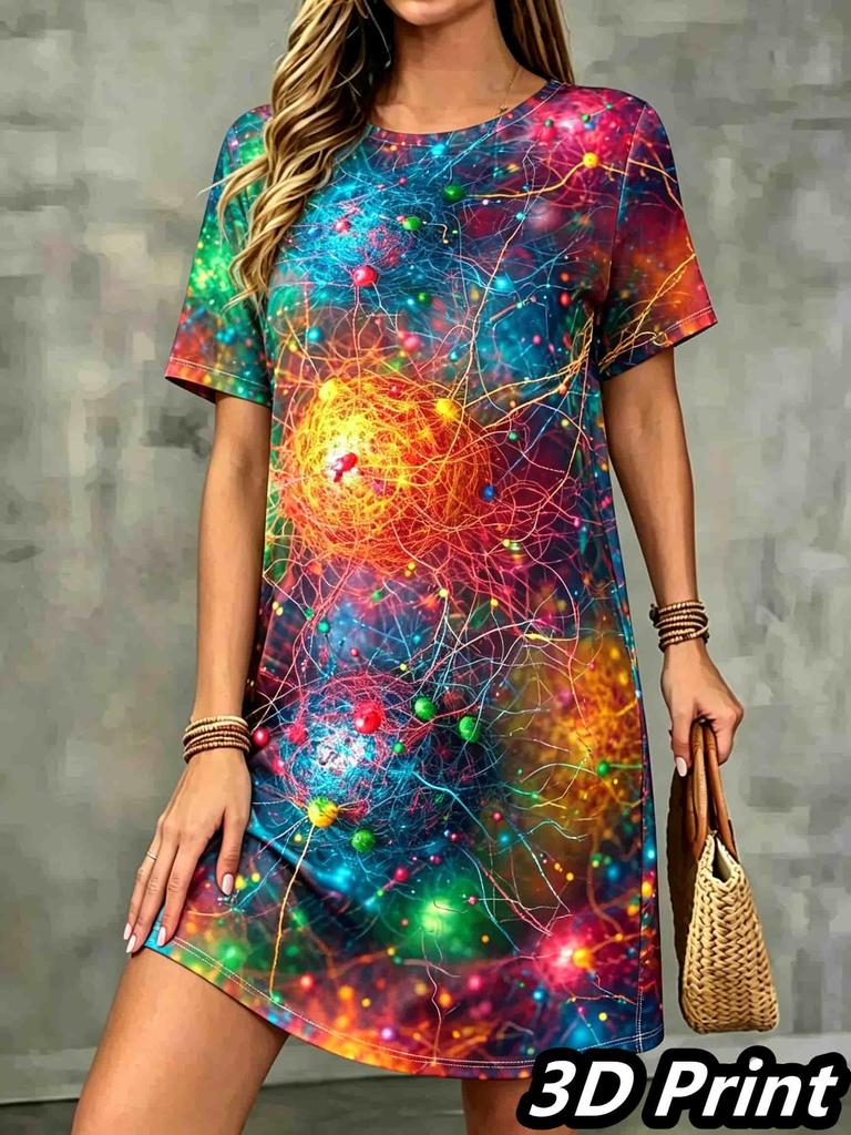 Fashion 3D Print Summer Dress Loose Casual Short Sleeve O-Neck Mini Dress