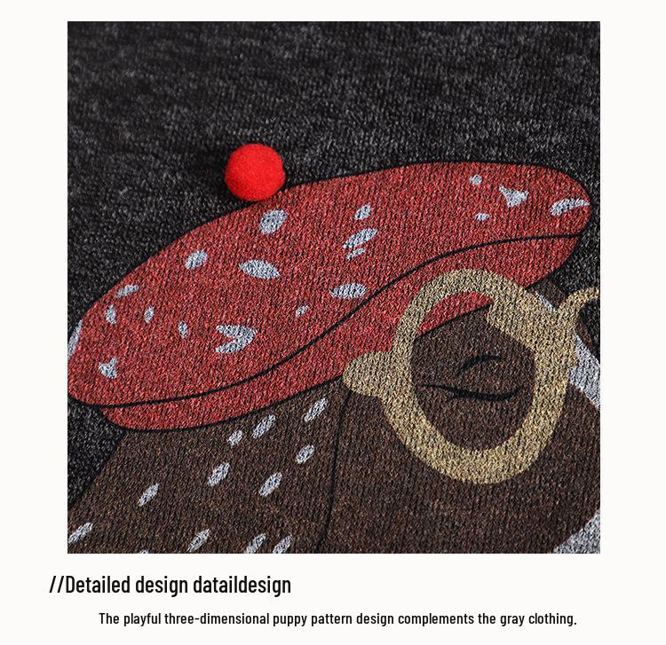 2023 Winter Korean Style Loose Casual Round Neck Puppy Print Pullover Plus Size Women's Top