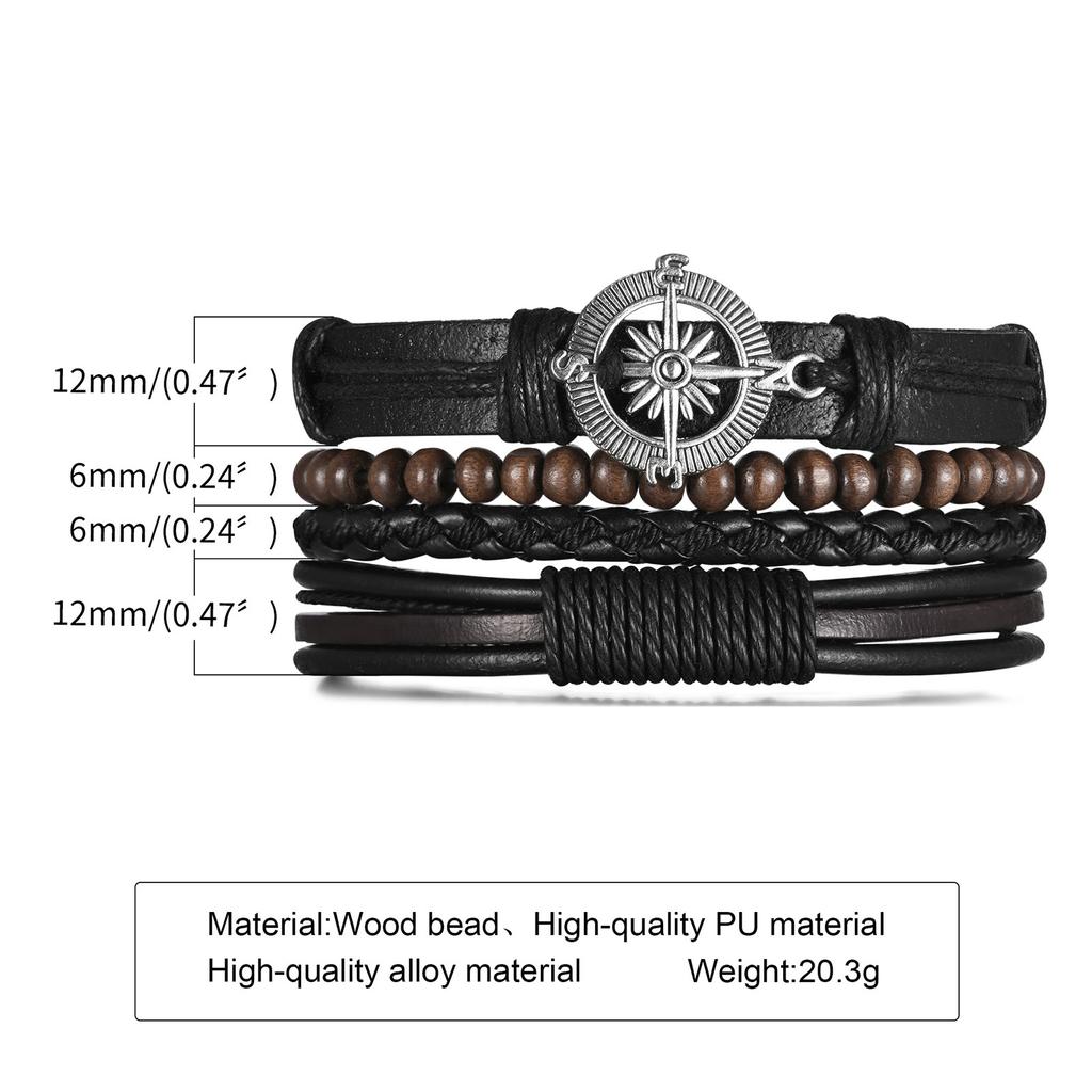 Vnox Mens Leather Bracelet Set ,Compass Life Tree Leaf Charm Bangle For Boys ,Black Vintage Punk Holiday Pu Wristband Gift