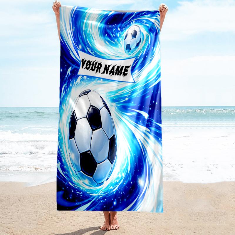 1PC Custom Name Soccer Ball Blue Swirls Beach Towel Highly Absorbent And Sand-Resistant Towel for Swimming, Pool, Yoga, And Travel Lightweight