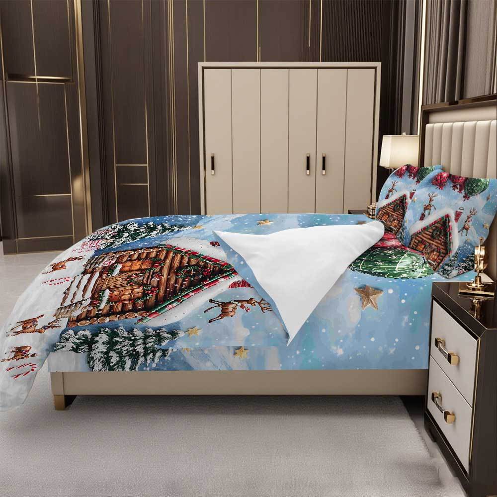 Lifesmells 3/4Pcs Christmas Cabin Balloon Deer Blue Duvet Cover Set Festive Winter Scene With Snowy Cabin Reindeer And Balloons